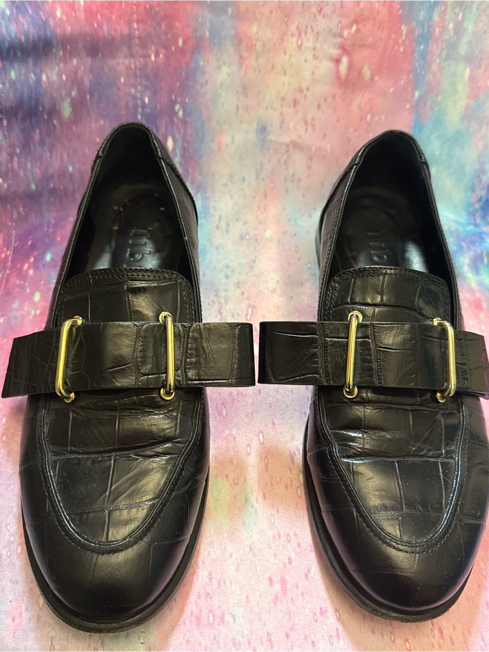Tibi Black Croc-Embossed Leather Loafers with Gold Buckle Strap